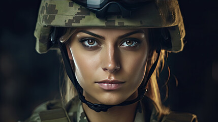 Wall Mural - A strong looking woman wearing military uniform including camouflage fatigues and a helmet. She is ready for war to protect and serve her country. Generative Ai