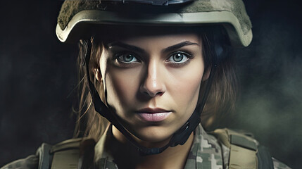 Wall Mural - A strong looking woman wearing military uniform including camouflage fatigues and a helmet. She is ready for war to protect and serve her country. Generative Ai