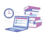Fototapeta Dinusie - Online Education with Laptop and Pile of Books Vector Illustration