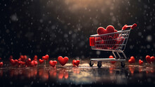 Black Friday Background With Copy Space, Shopping Cart And Heart-shaped Symbols, Love Concept And Gifts On Sale, Red Heart