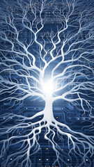 Poster - vertical background tree innovation, computer chip concept nature artificial intelligence, eco panorama narrow high