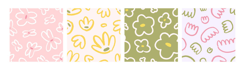 Fototapete - Doodle flowers, seamless patterns designs. Endless abstract floral backgrounds, repeating print in naive kids scribble style. Nature textures for wrapping, wallpaper, fabric. Flat vector illustrations