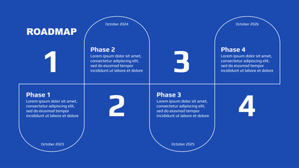 Wall Mural - Roadmap with winding stages on blue background. Horizontal infographic timeline template for business presentation. Vector.