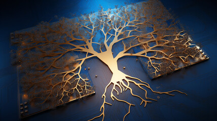 Poster - background concept is artificial intelligence, a symbol of nature and growth, a tree of life and a brain integrated and combined with a computer chip, fictional graphics