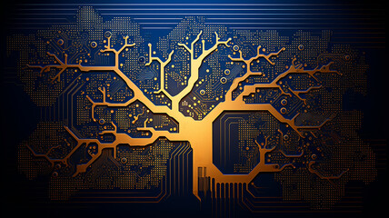 Poster - background concept is artificial intelligence, a symbol of nature and growth, a tree of life and a brain integrated and combined with a computer chip, fictional graphics