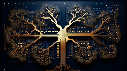 Poster - background concept is artificial intelligence, a symbol of nature and growth, a tree of life and a brain integrated and combined with a computer chip, fictional graphics
