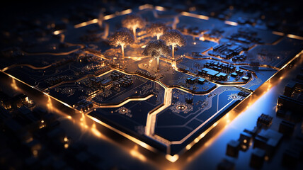 Poster - background concept is artificial intelligence, a symbol of nature and growth, a tree of life and a brain integrated and combined with a computer chip, fictional graphics