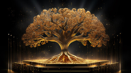 Poster - background concept is artificial intelligence, a symbol of nature and growth, a tree of life and a brain integrated and combined with a computer chip, fictional graphics