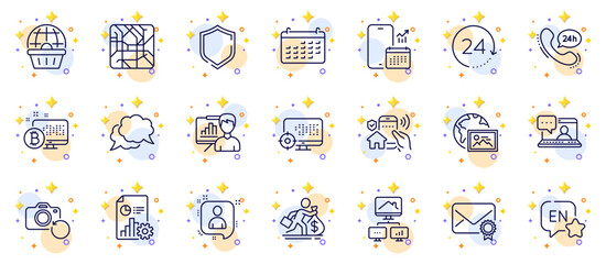 Outline set of Phone calendar, Shield and Friends chat line icons for web app. Include 24h service, Recovery photo, Presentation board pictogram icons. Work home, Web photo, 24 hours signs. Vector
