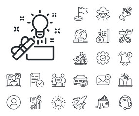 Poster - Creativity sign. Salaryman, gender equality and alert bell outline icons. Out of the box line icon. Gift box with idea symbol. Creative idea line sign. Spy or profile placeholder icon. Vector