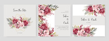 Pink And Red Rose And Poppy Wedding Invitation Card Template With Flower And Floral Watercolor Texture Vector
