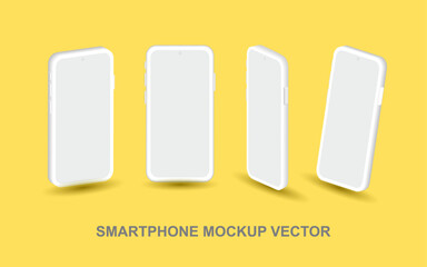 Poster - Smartphone mock up in different angles isolated vector. 3D perspective view mobile phone mockup with white empty screen isolated. Smart device UI, UX mock up for design, presentation template. Vector.