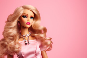 Beautiful doll with long blonde hair on a pink background. Close-up.