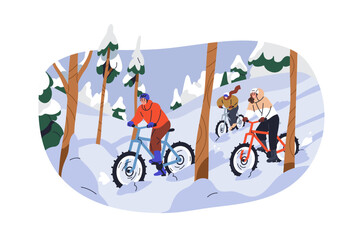 Sticker - Cyclists travel in winter forest in snow. People riding mountain bikes in nature in cold weather. Friends on bicycles outdoors. Extreme sport. Flat vector illustration isolated on white background