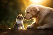 A dog kiss a cat little kitten