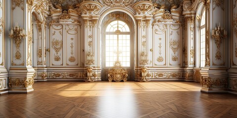 A classic extravagant European style palace room with gold decorations. wide format