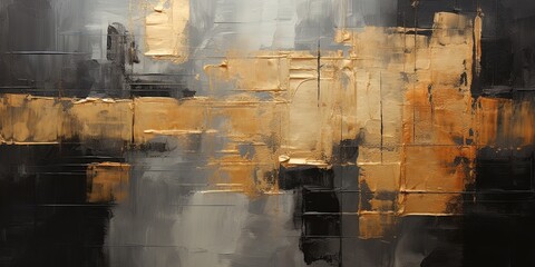Closeup of abstract rough dark gold black art painting texture, with oil acrylic brushstroke, pallet knife paint on canvas, geometric spatula technique with rectangles