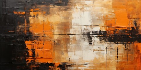 Wall Mural - Closeup of abstract rough dark orange black art painting texture, with oil acrylic brushstroke, pallet knife paint on canvas, geometric spatula technique with rectangles