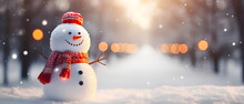 Christmas And New Year Background. Christmas Decoration With A Cute Cheerful Snowman In The Snow In A Winter Park With Beautiful Bokeh. Wallpaper Background For Ads Or Web Design Generative Ai