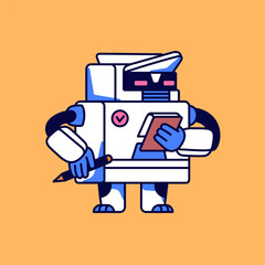 Fototapete - Productive robot take notes: ideas, tasks. AI technology make strategy, planning time. Computer work in management, process optimization. Online planner for business. Flat isolated vector illustration