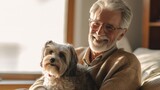 Fototapeta Zwierzęta - A senior man and his dog share a heartwarming smile.