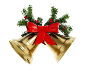 golden christmas bells, red ribbon and pine tree branches isolated on transparent background. 3d ill