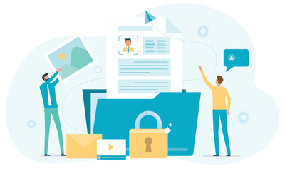 Poster - business file database security. online cloud backup storage. personal data information document protection management. with administrator and developer team working concept. flat vector illustration 