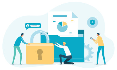 Leinwandbilder - business file database security. online cloud backup storage. personal data information document protection management. with administrator and developer team working concept. flat vector illustration 