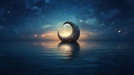 Wall Mural - Islam crescent star in the night sky, reflected in the sea water