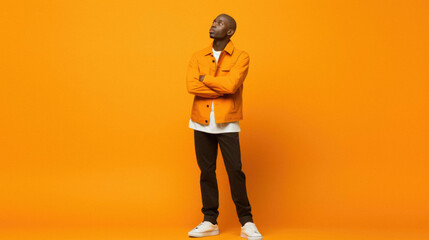 Full - length photo of guy dressed orange posing isolated over color background.