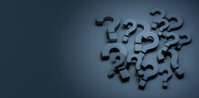 Problem, Solution, Confusion Counseling. Pile Of Black Question Mark Symbols On Dark Background. Large Pile Of Black Question Mark Symbols. 3D Rendering