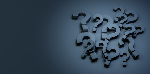 Fototapete - Problem, solution, confusion counseling. Pile of black question mark symbols on dark background. Large pile of black question mark symbols. 3D rendering