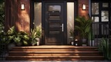 Fototapeta Londyn - Sleek black door complemented by green plants and elegant home accents