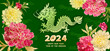 Green Wood Dragon is a symbol of the 2024 Chinese New Year. Greeting card in Oriental style with peonies flowers, leaves, buds, decorative elements around zodiac Sign of Dragon on green background