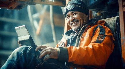 Wall Mural - Smiling Industrial worker driver builder holds computer tablet in the cab of an excavator.