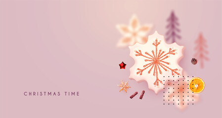 Wall Mural - Christmas design template with cookies and orange slices. Tasty winter space.