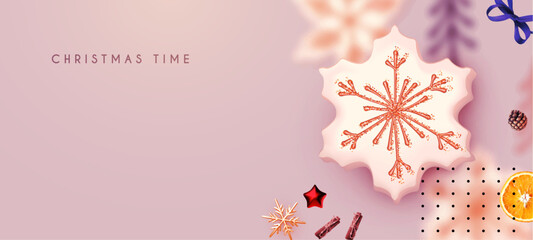 Wall Mural - Christmas design template with cookies and orange slices. Tasty winter space.