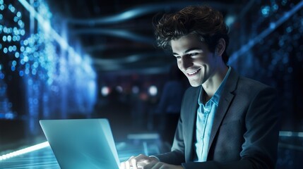 young man working on a laptop at the data center. digital world in male professional hands. copy spa