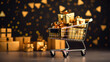 Black Friday Sale and Online Shopping Concepts, Mini Shopping Cart Carrying With Multi Black and gold Gift Box