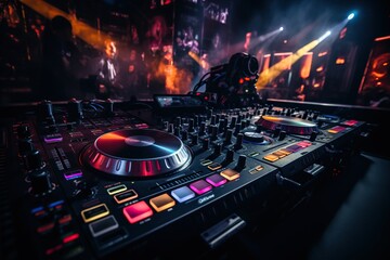 DJ console in the light of spotlights and neon lights. Music and nightlife