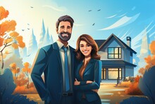 Illustration Of A Happy Husband And Wife Smiling In Front Of A Large House. A New Concept Of Home, Creating A Family