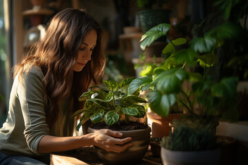 Generative AI Image of a Young Woman Caring for Green Foliage Plants at Home