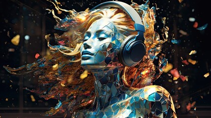 Wall Mural - Shattered statue of woman wearing headphones. Cover image on the effects of listening to music