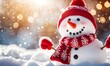 Winter holiday christmas background banner - Closeup of cute funny laughing snowman with wool hat and scarf, on snowy snow snowscape with bokeh lights, illuminated by the sun, Generative AI