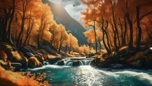 Beautiful Autumn Panorama With Mountain And River, Seamless Looping Video Animated Background	