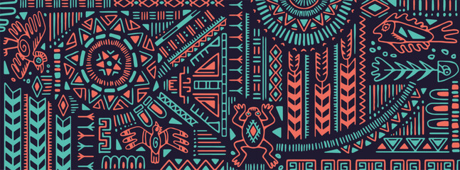 Wall Mural - Ethnic, ancient tribal pattern. Aztec symbols, tribe elements, Mexican shapes ornaments. Peruvian background design in boho style. Abstract Inca, Apache decoration. Hand-drawn vector illustration