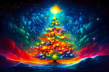 Art Colorful Shining Christmas Tree In Space. Night Cosmic Fantasy Background With Thick Clouds And Stars. Copy Space.