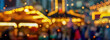 blurred christmas market with defocused lights at the evening, shiny decoration background banner with copy space for traditional retail trade for december holidays