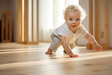 Fototapeta  - The baby is learning to crawl on the floor
