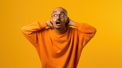 Young crazy indian man wearing orange clothes against orange wall expressing surprise emotion.